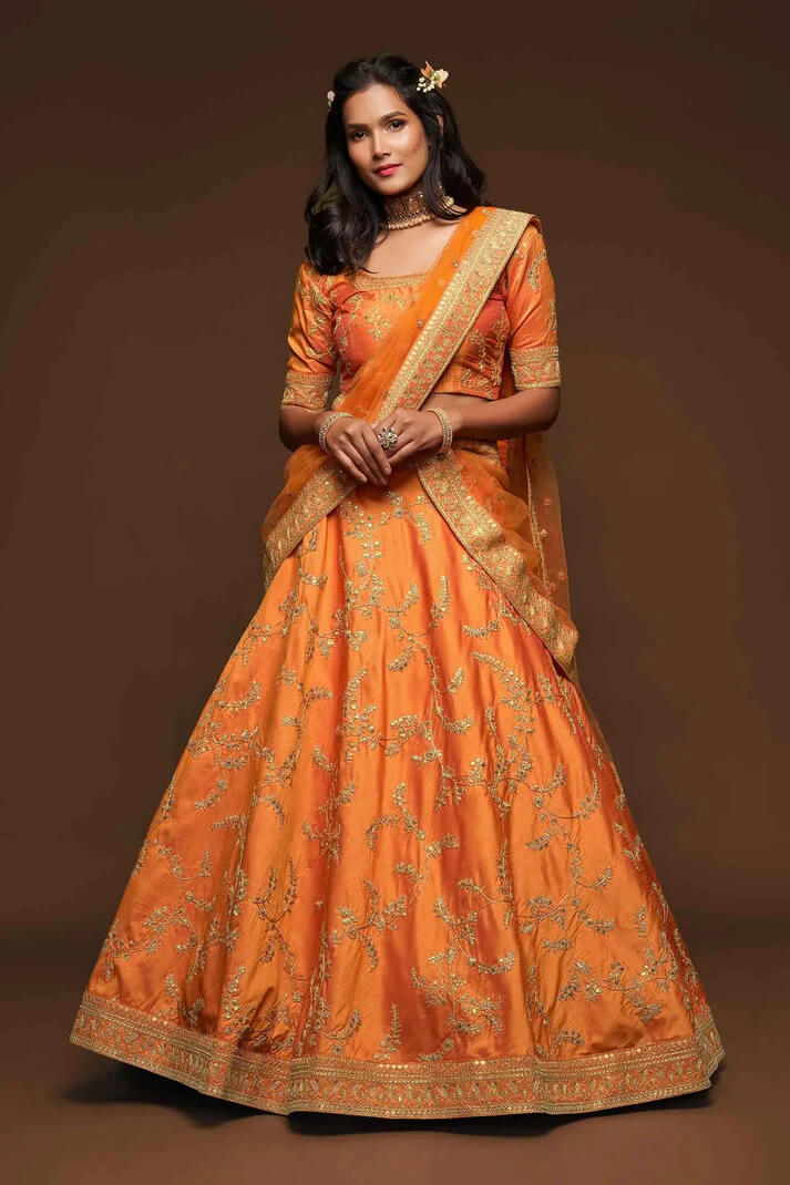 Orange  Silk Lehenga with Thread, Zari & Sequins Work