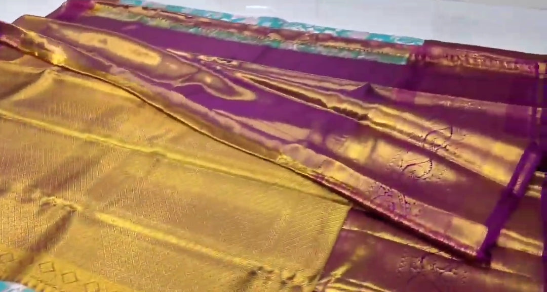 Turquoise Kanchipuram Handloom 4D Tissue Brocade Silk Saree