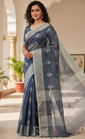 Steel Blue Chanderi Handloom Katan Tissue Silk Meenakari Saree