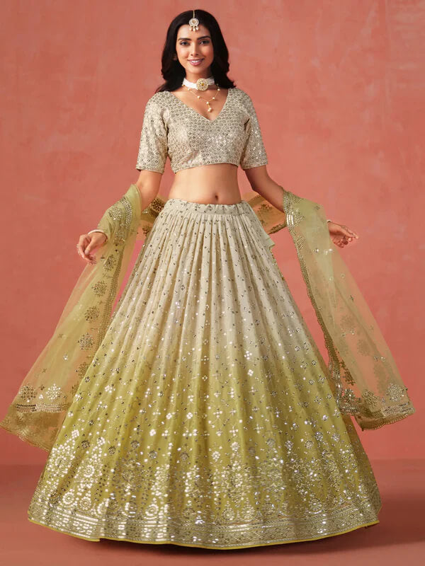Yellow-Beige Gradient Georgette Lehenga with Zari & Sequins