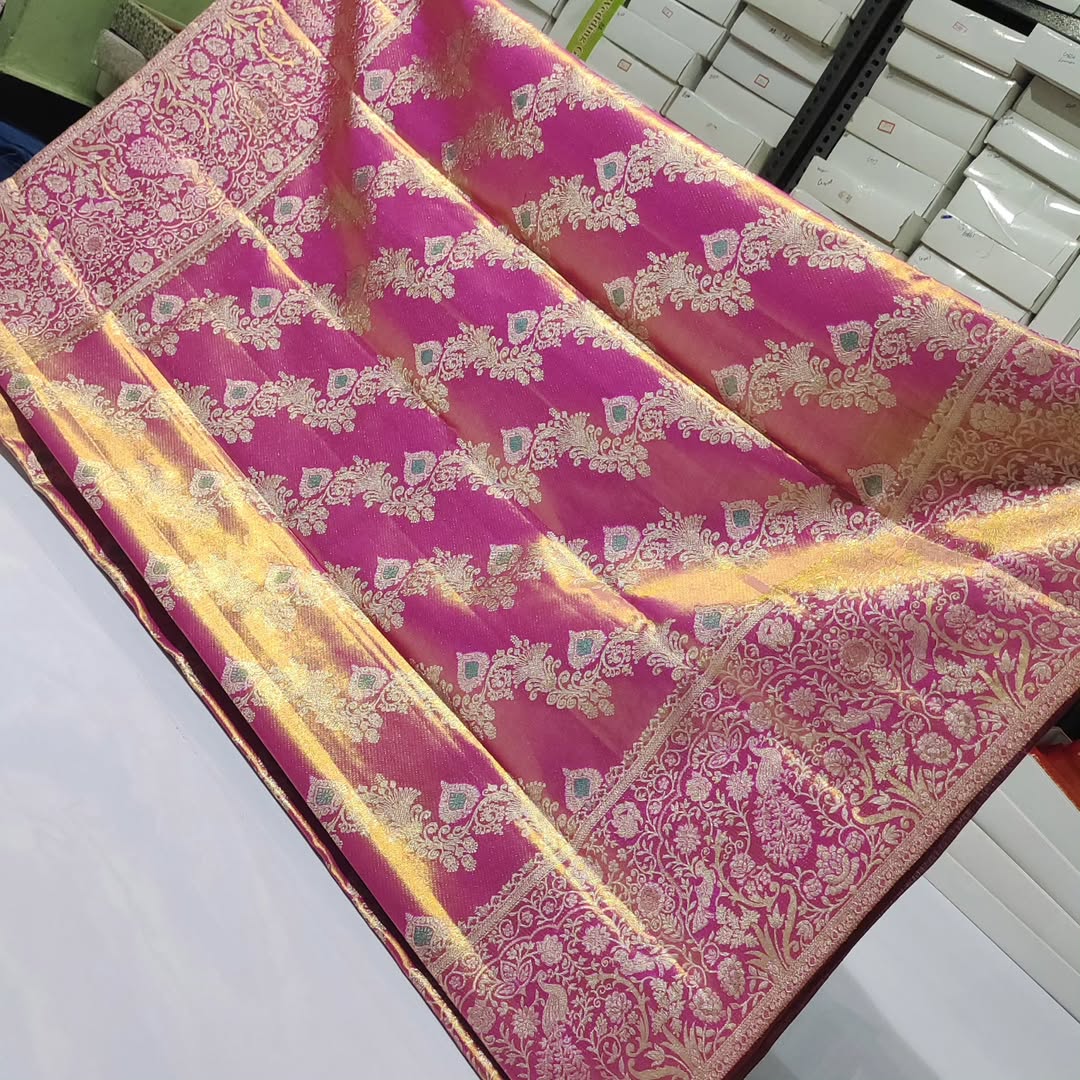 Hot Pink Kanchipuram Handloom Tissue Brocade 1G Gold Bridal Saree