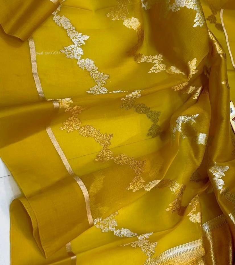 Mustard Banarasi Handloom Kora Organza Silk Saree