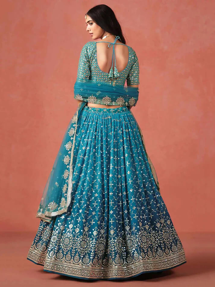 Rama Blue Georgette Lehenga with Zari & Sequins Work