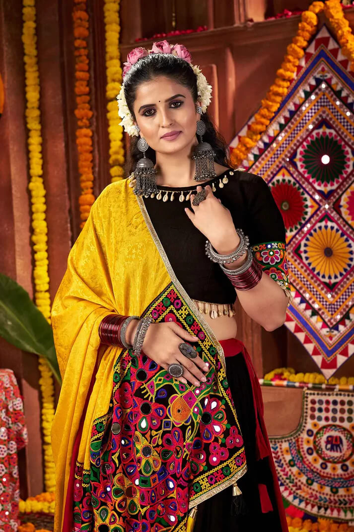 Multi Color Cotton Thread & Mirror Work Navratri Lehenga