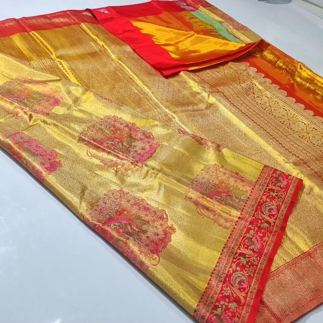 Gold Kanchipuram Handloom Tissue Brocade Silk Saree