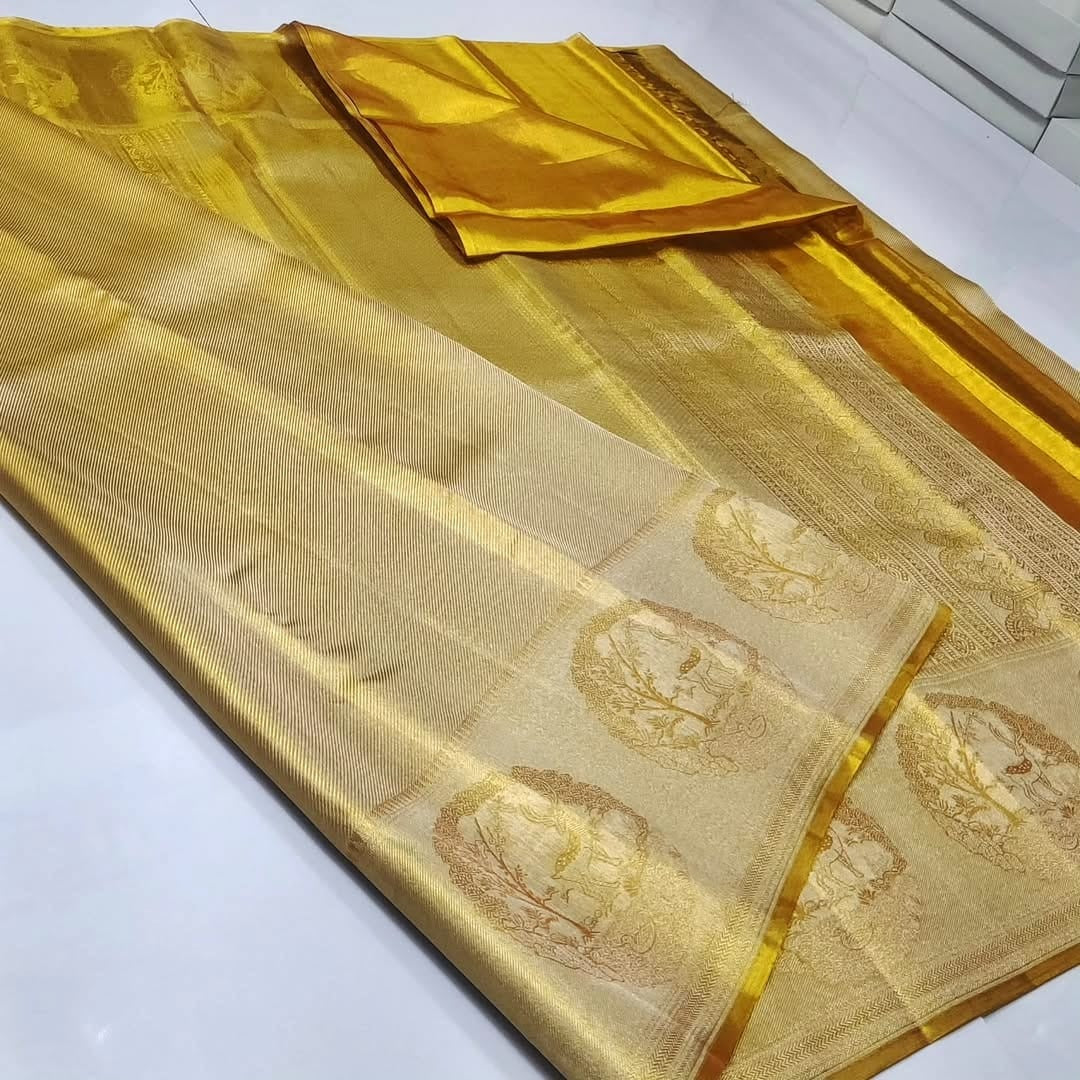 Gold Kanchipuram Handloom Tissue Brocade Silk Meenakari Saree
