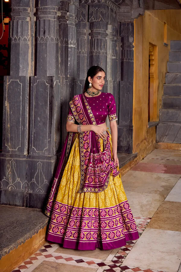 Mustard Yellow Silk Lehenga with Vibrant Ikkat Patterns