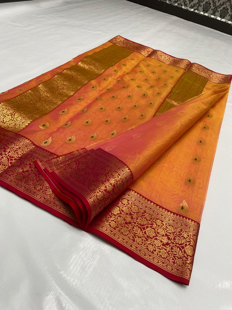 Orange Chanderi Handloom Katan Silk Nakshi Meenakari Saree