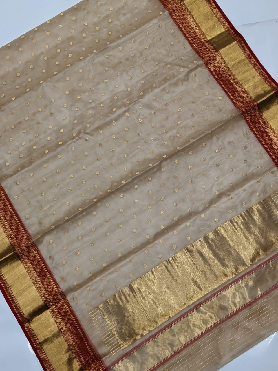 Beige Chanderi Handloom Katan Silk Handwork Saree