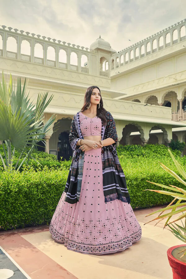 Dusty Pink Georgette Lehenga Choli with Sequins & Thread Work