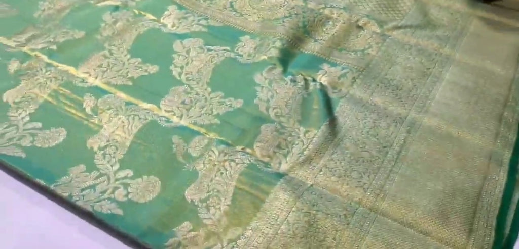 Dual Tone Green Kanchipuram Handloom Tissue Brocade Silk Saree
