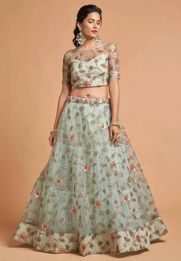 Spanish Green Soft Net Lehenga with Zari & Thread Work