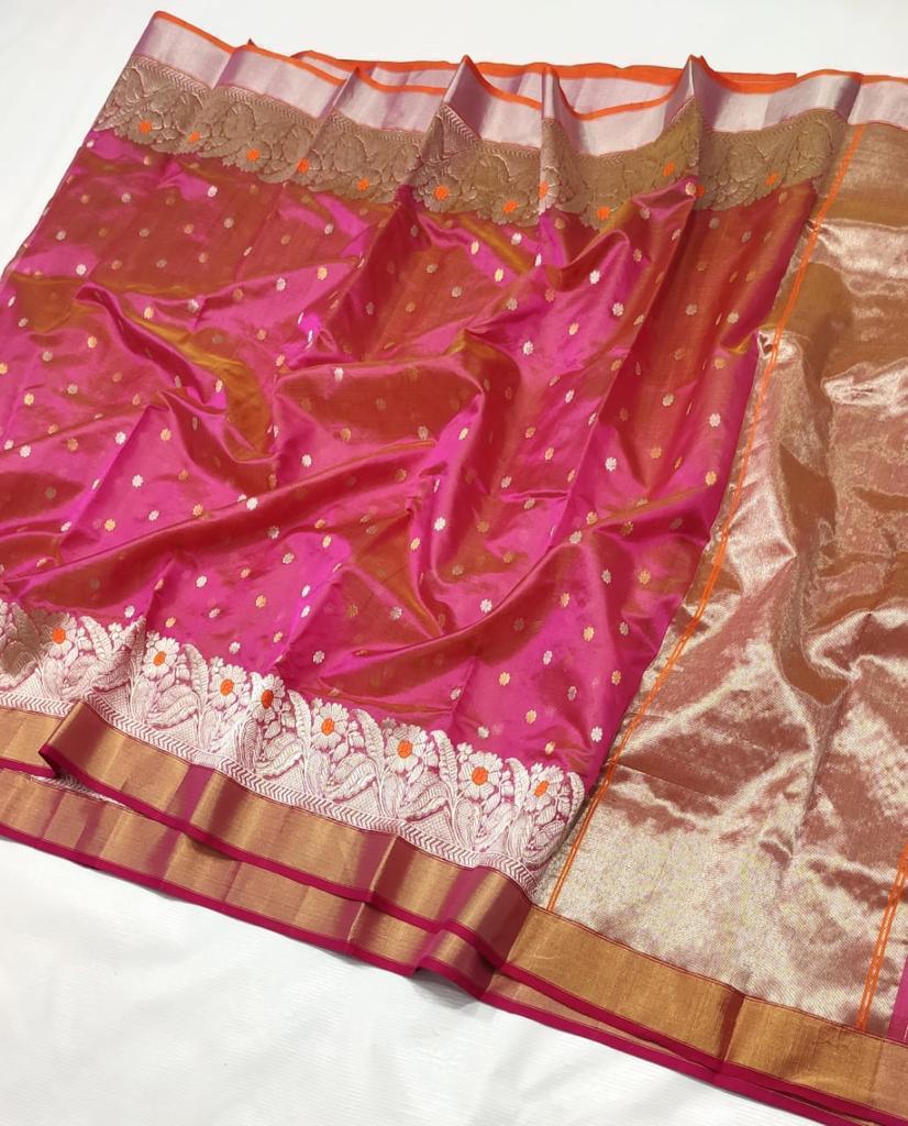 Dual Tone Pink Chanderi Handloom Pattu Silk Handwork Saree