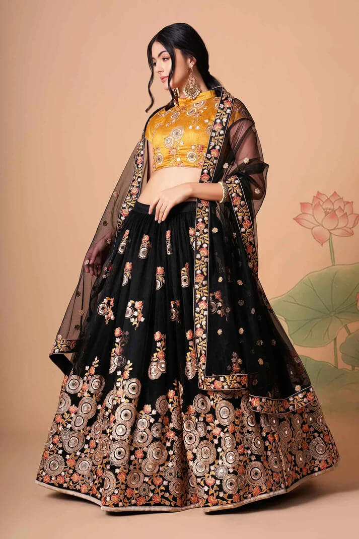Black Net Lehenga with Zari, Sequins & Mirror Work