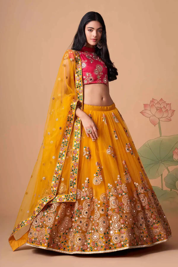 Yellow Net Lehenga with Zari, Sequins & Mirror Work