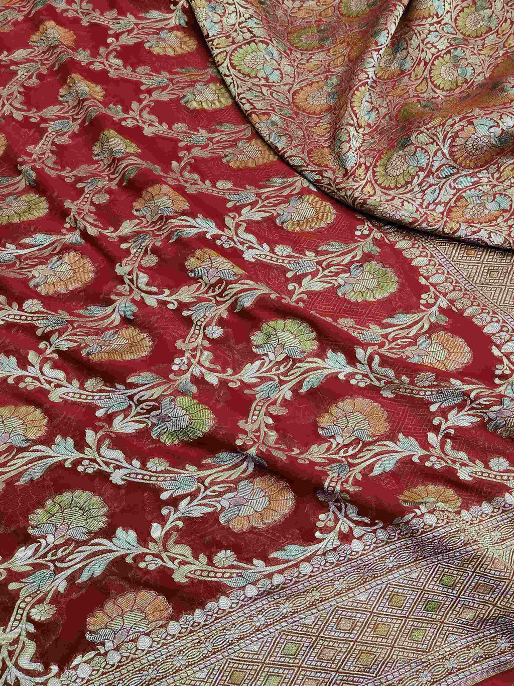 Rød Banarasi håndvævet vand Zari Georgette Silke Saree