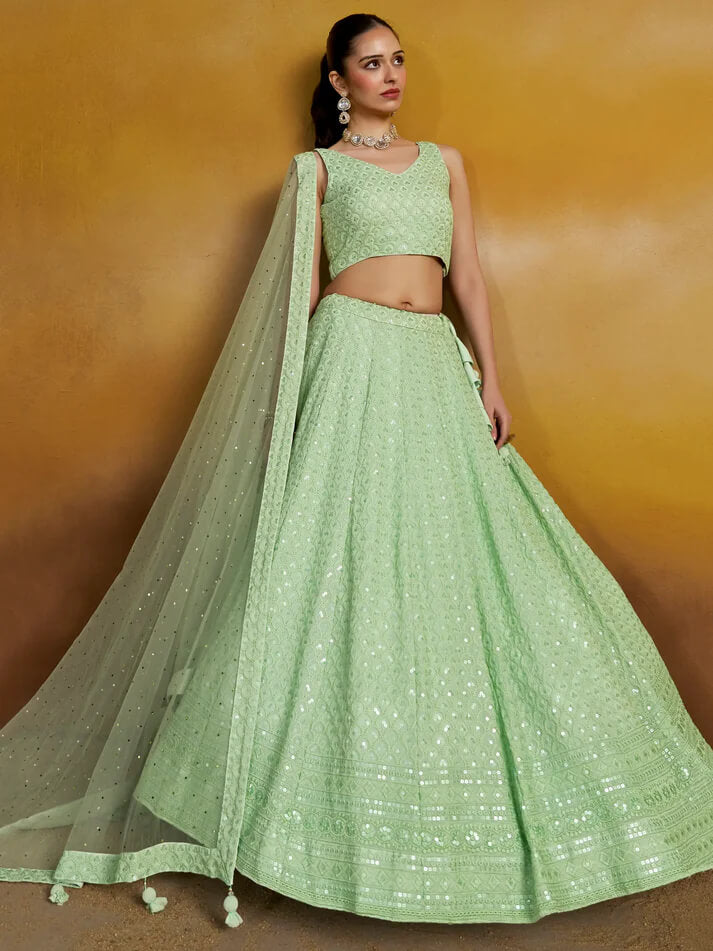 Light Mint Green Designer Lehenga with Sequins & Dupatta