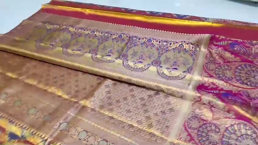 Hot Pink Kanchipuram Handloom Tissue Brocade Meenakari Silk Saree