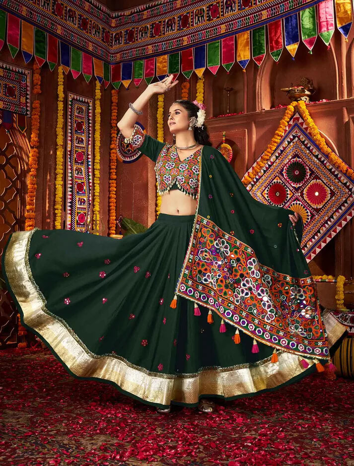 Designer Green Mirror & Thread Work Navratri Lehenga