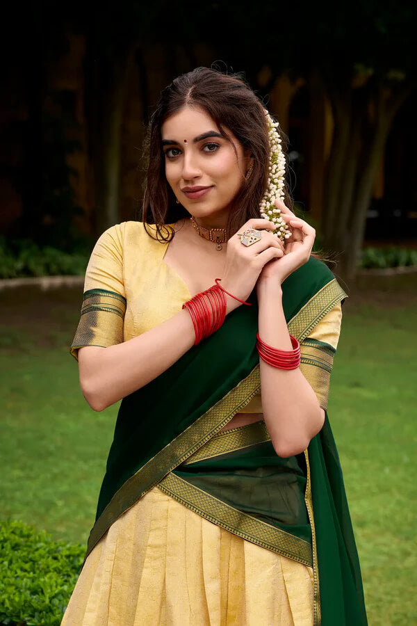 South Indian Style Beige & Green Zari Work Lehenga Choli
