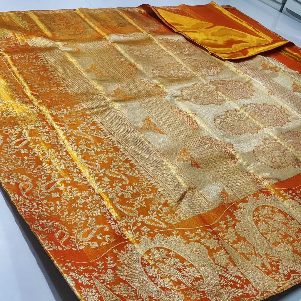 Orange Kanchipuram Handloom Tissue Brocade Silk Saree