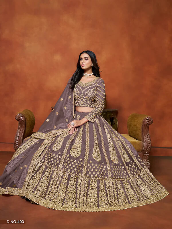 Elegant Dusty Grey Net Lehenga with Embroidery