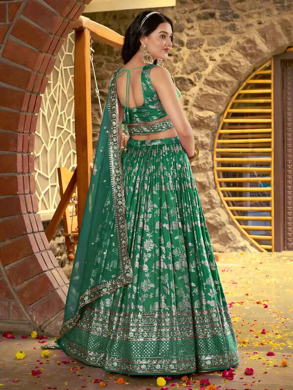 Teal Green Jacquard Lehenga with Zari & Sequins Work