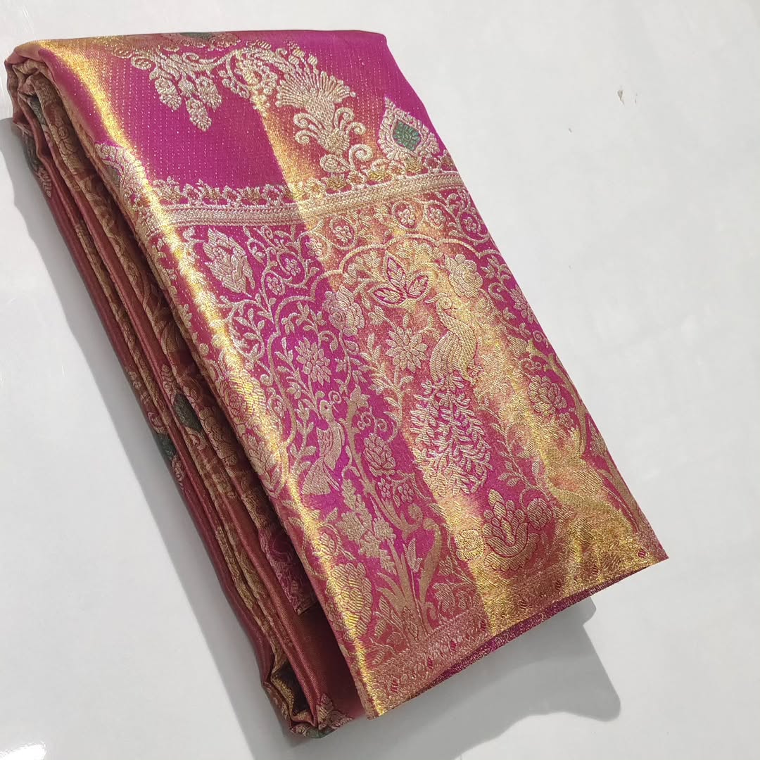 Hot Pink Kanchipuram Handloom Tissue Brocade 1G Gold Bridal Saree