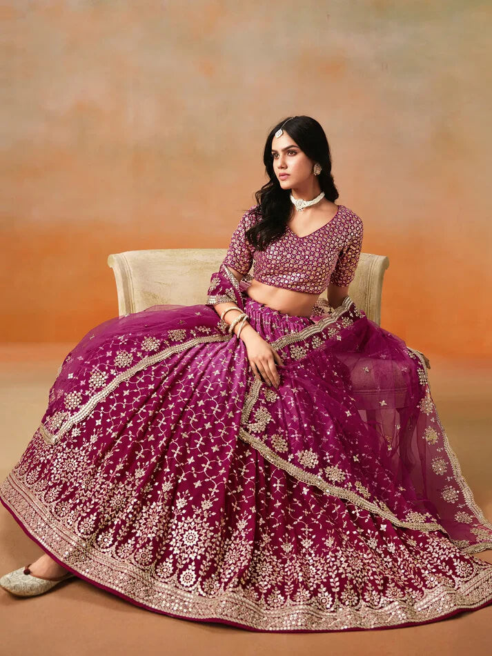 Red-Pink Georgette Lehenga with Zari & Sequins Work