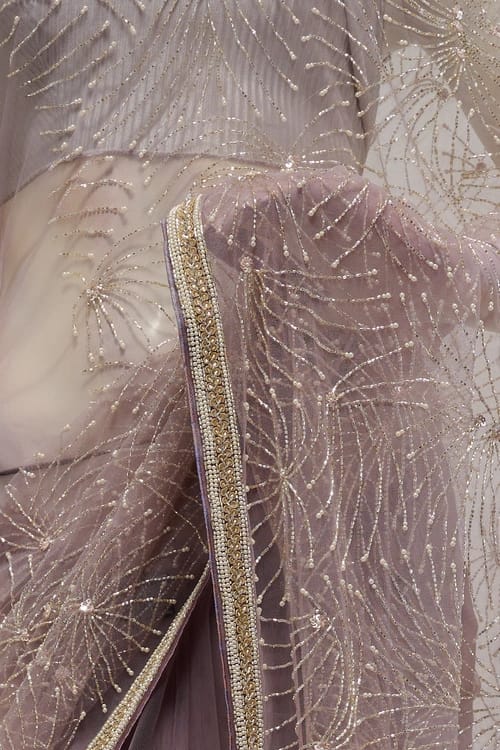 Pinkish Beige Hand Embroidered Soft Net Saree