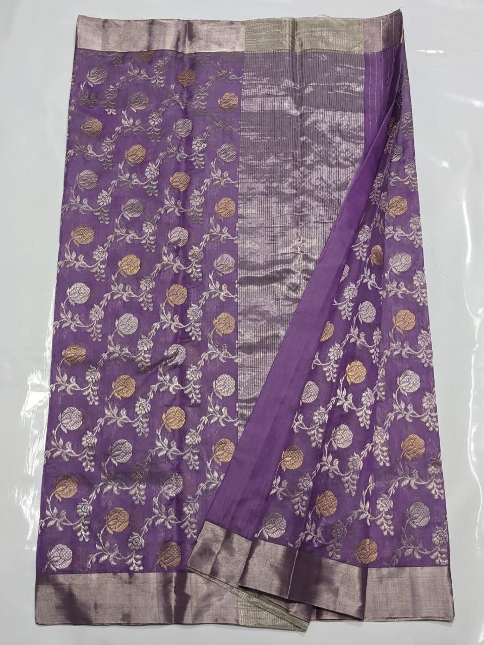 Lavender Chanderi Handloom Pattu Silk Handwork Saree