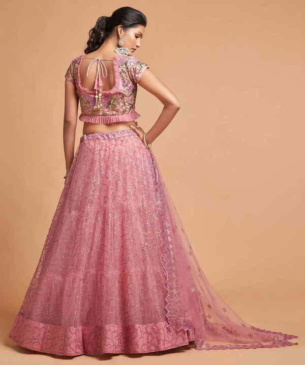 Blush Pink Soft Net Lehenga with Zari & Thread Work