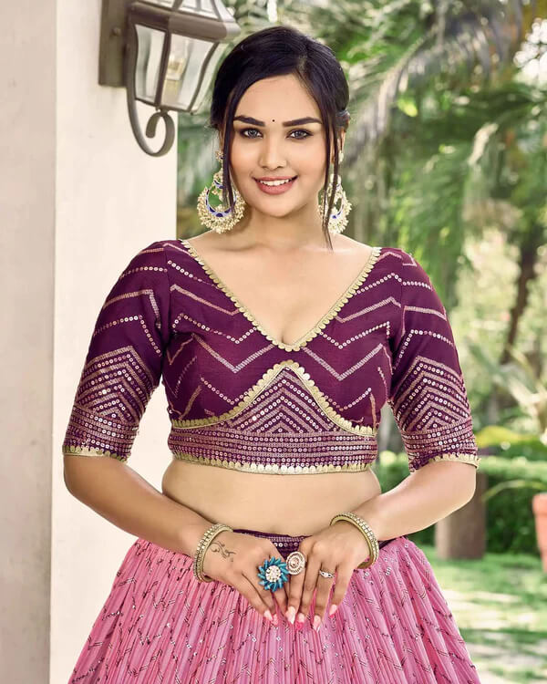 Purple & Light Peach Lehenga Choli with Thread & Sequins Work