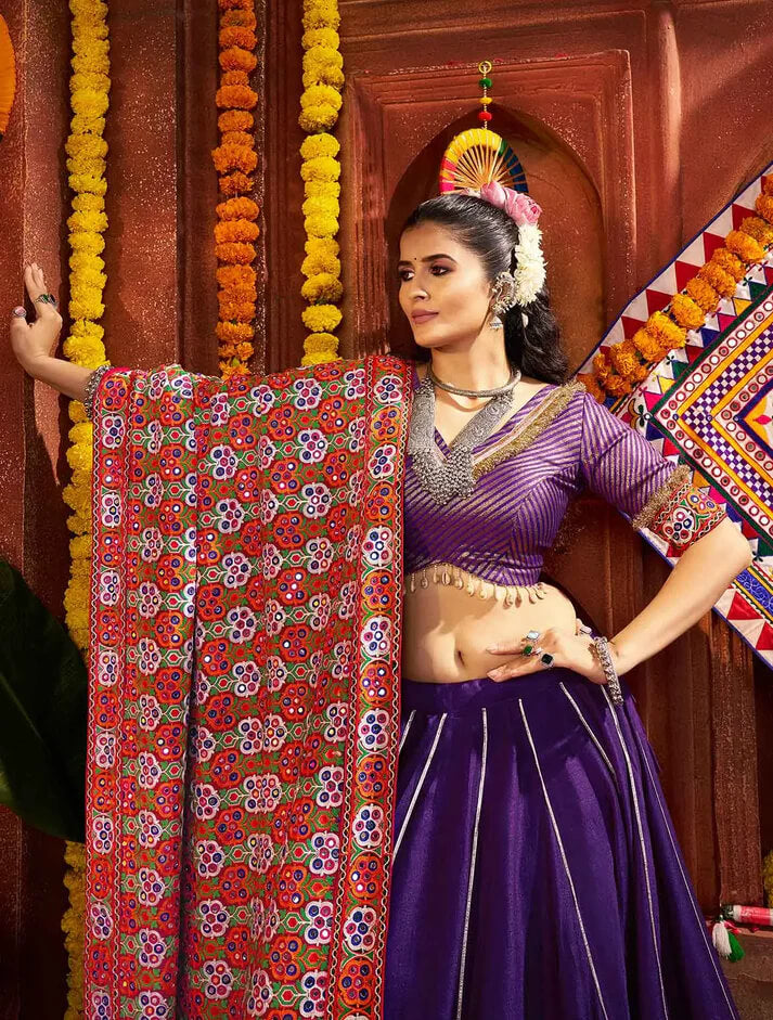 Dark Purple Embroidered Navratri Lehenga with Mirror Dupatta