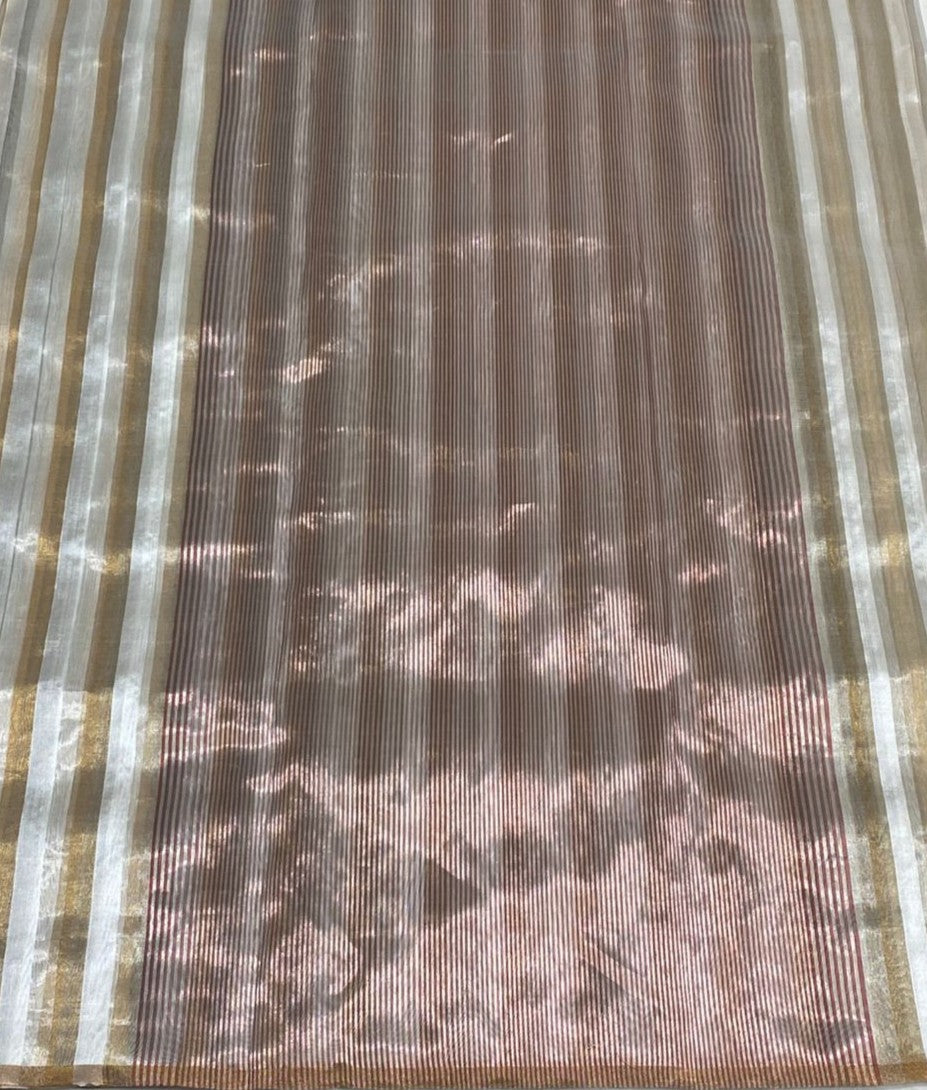 Off White Chanderi Handloom Pattu Silk Striped Saree