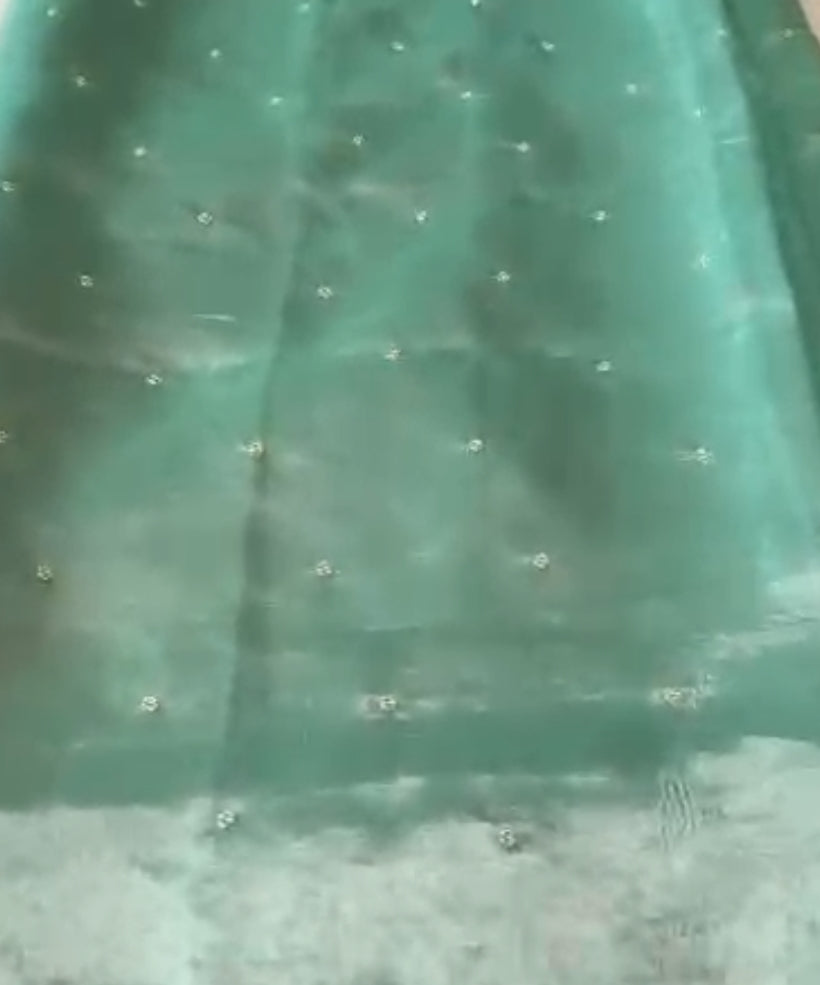 Blågrøn Banarasi håndvævet saree i rent vævssilke