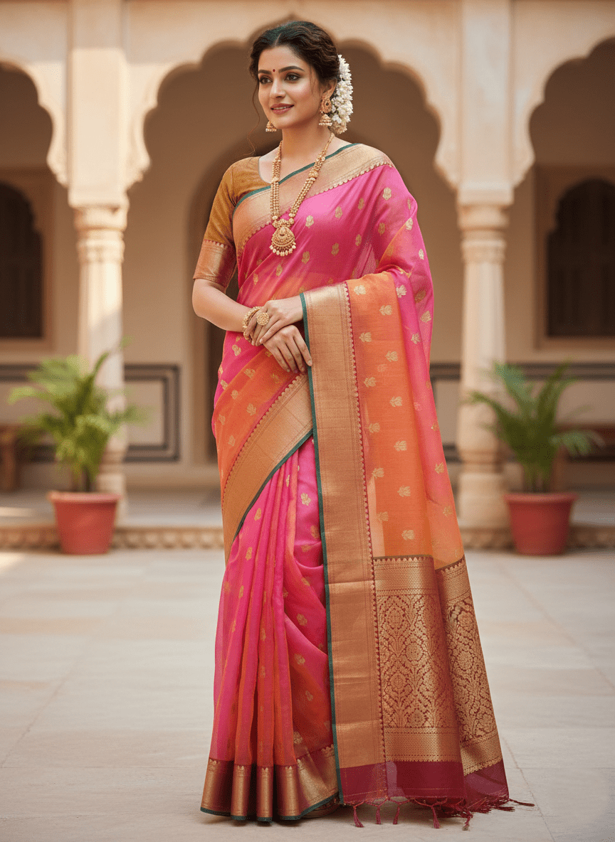 Dual Tone Rani Pink Chanderi Handloom Katan Silk Saree