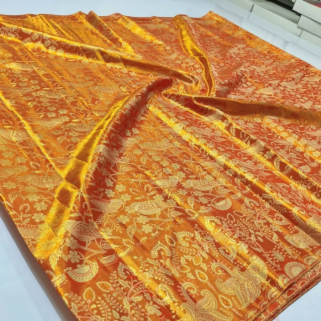 Orange Kanchipuram Handloom 2D Tissue Brocade Silk Saree