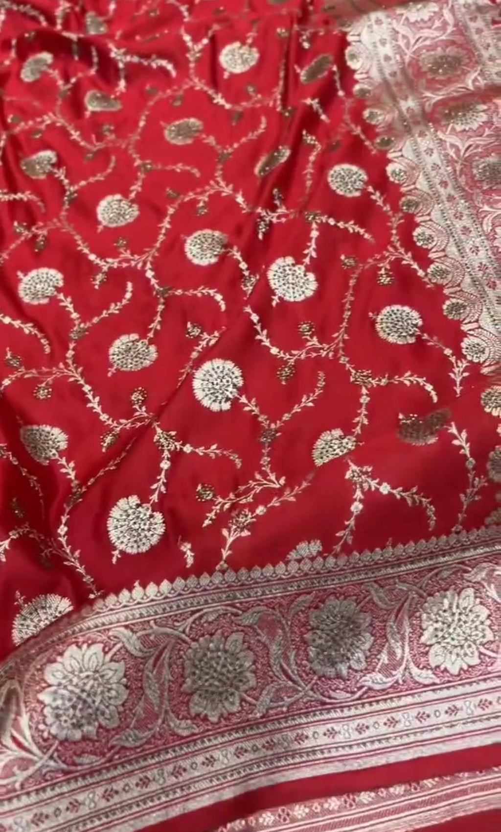 Red Banarasi Satin Katan Silk Swarovski Jangla Saree