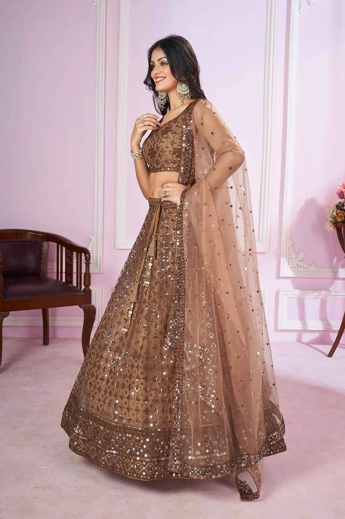 Brown Soft Net Lehenga with Sequins & Thread Embroidery