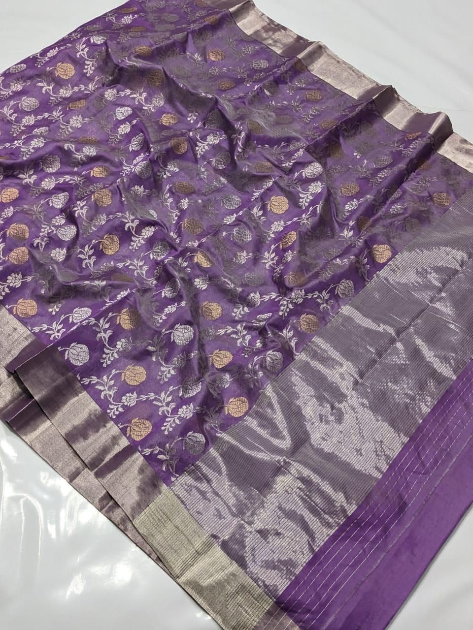 Lavender Chanderi Handloom Pattu Silk Handwork Saree