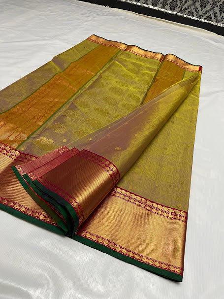 Dual Tone Bronze Chanderi Handloom Katan Silk Nakshi Saree