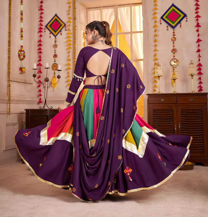 Purple Multi Color Mirror & Thread Work Navratri Lehenga