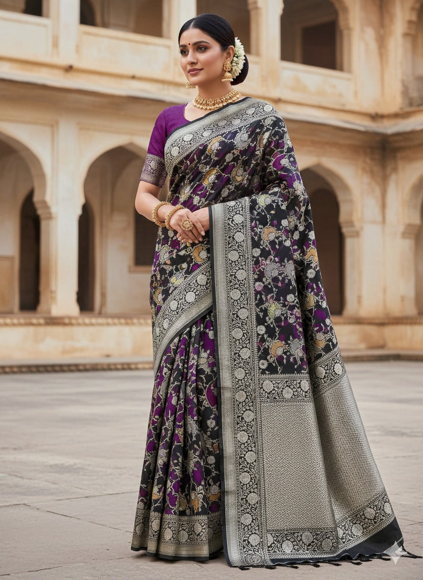 A majestic black Banarasi Katan silk saree featuring hand-woven Rangkaat diagonal color blocks and intricate Meenakari floral vines in shimmering gold zari.