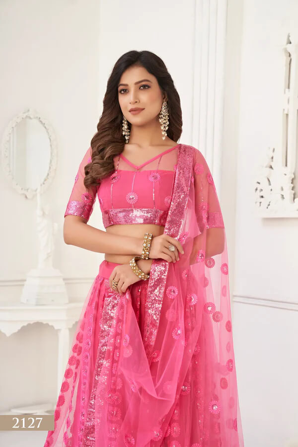 Bright Pink Net Lehenga Choli with Cotton Thread & Sequins Work