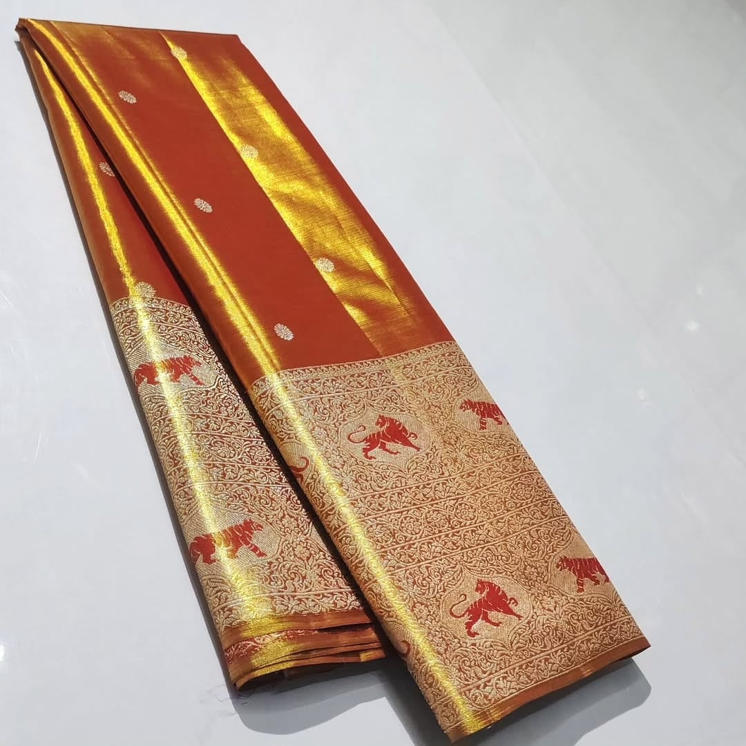 Orange Kanchipuram Handloom Tissue Brocade Silk Meenakari Saree