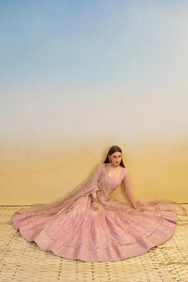 Party Wear Light Pink Net Lehenga Choli with Embroidery