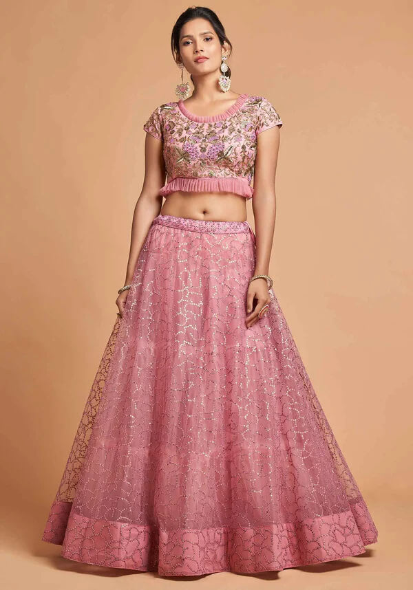 Blush Pink Soft Net Lehenga with Zari & Thread Work