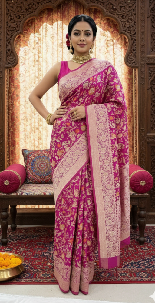 Royal hot pink Katan silk saree with vibrant three-colored Tilfi Meenakari floral buttas and a rich gold zari border.