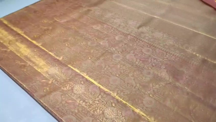 Peach Kanchipuram Handloom Tissue Brocade Silk Saree